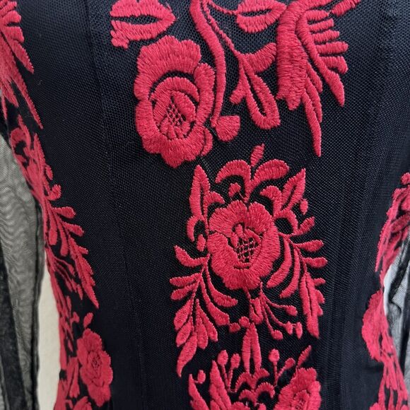 JOHNNY WAS NWOT Wedding Mesh Maxi Dress Long Slv Embroidered Black Red S Godet - Picture 4 of 6